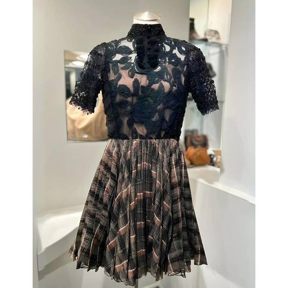 NEW BYRON LARS lace plaid mini dress in black